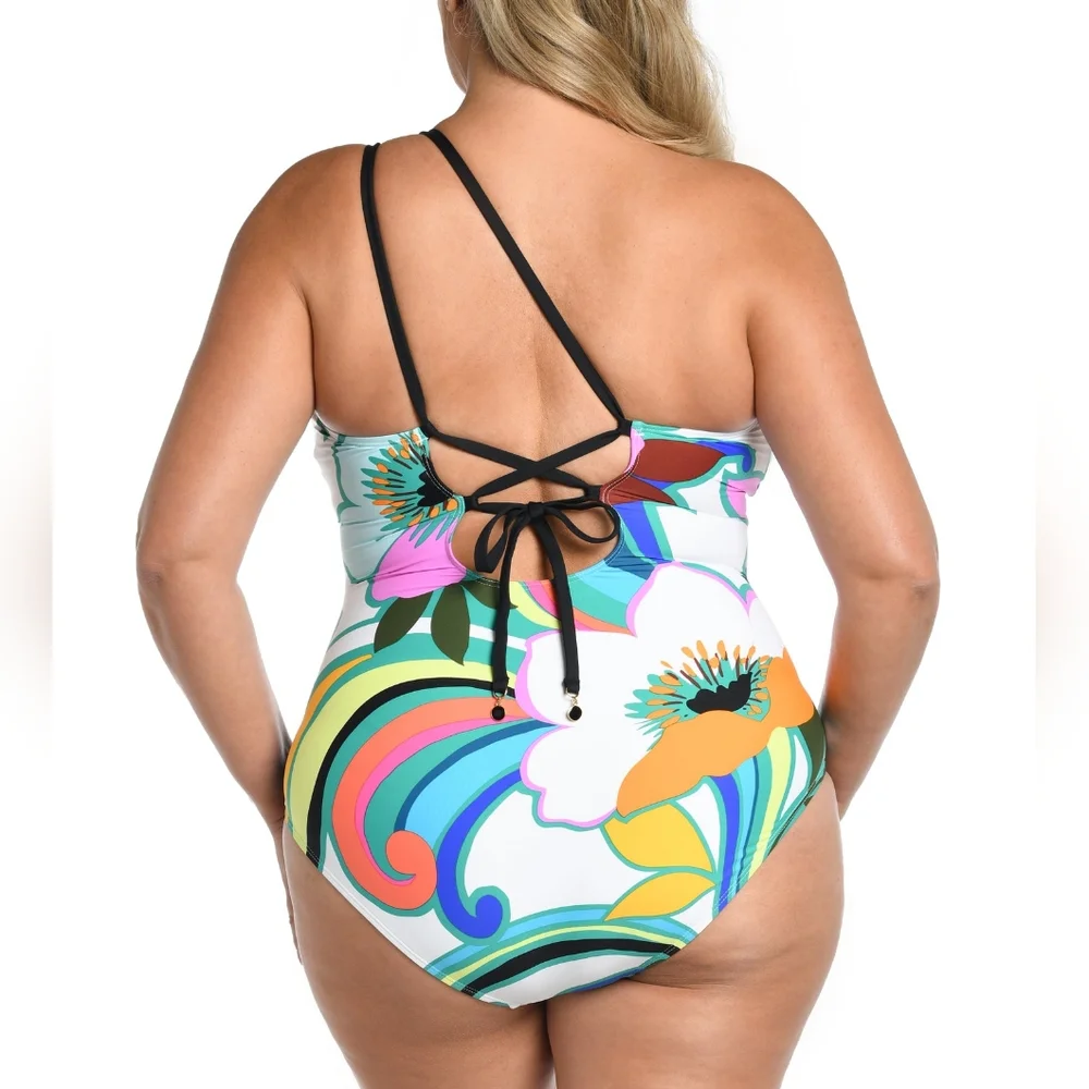 La Blanca Suncatcher One-Shoulder Lace-Up Back One-Piece Floral Multi Size 6 - Picture 5 of 13